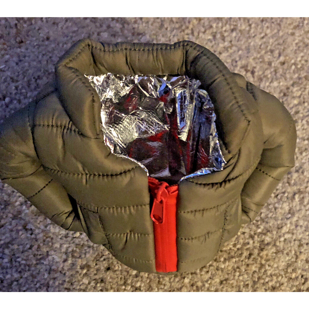 Puffin Puffer Jacket Coat Beverage Koozie Olive Green
